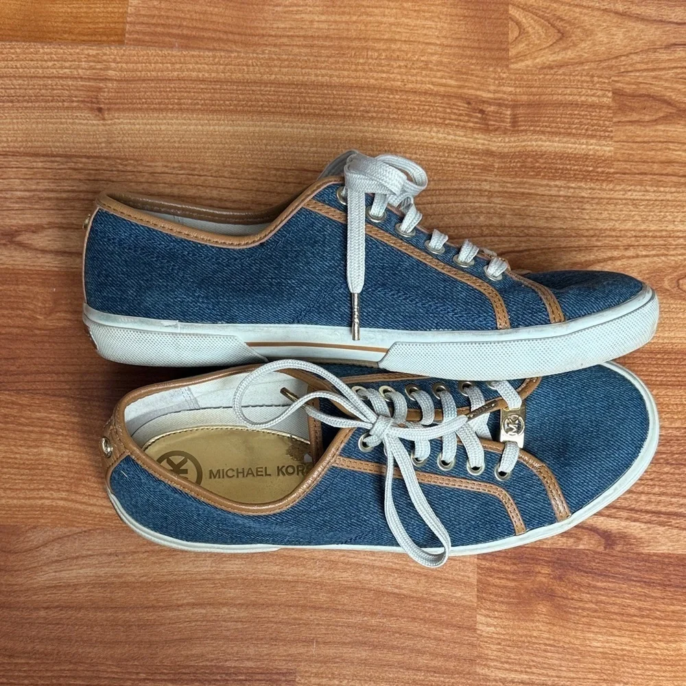 Michael Kors Blue and Brown Denim Lace-Up Sneakers Designer Logo Women's 9M 9